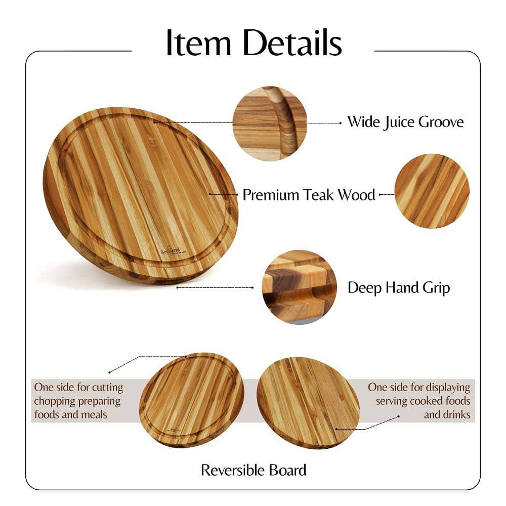 15.8 in. x 15.8 in. Round Teak Wood Reversible Chopping Serving Board Cutting Board with Juice Groove - Hercitys