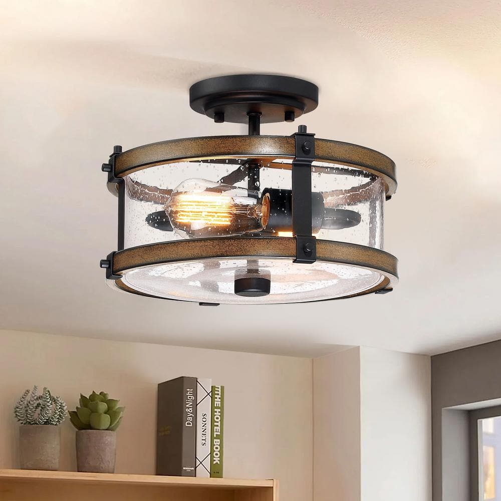 5.12 in. 2-Light Matte Black and Barnwood Accents Semi-Flush Mount Light with Shade (Bulbs Not Included) - Hercitys