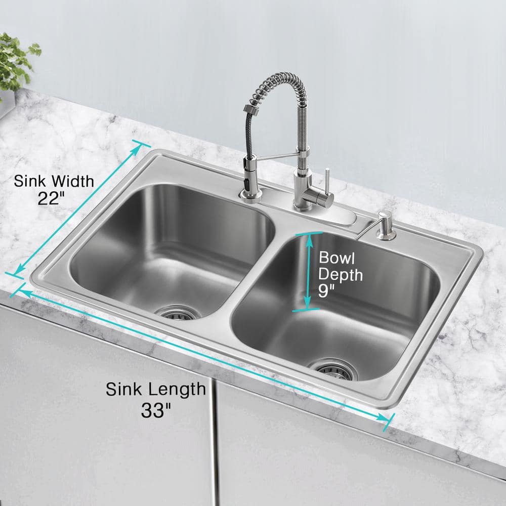 18-Gauge Stainless Steel 33 in. Double Bowl Drop-In Kitchen Sink with Bottom Grid - Hercitys