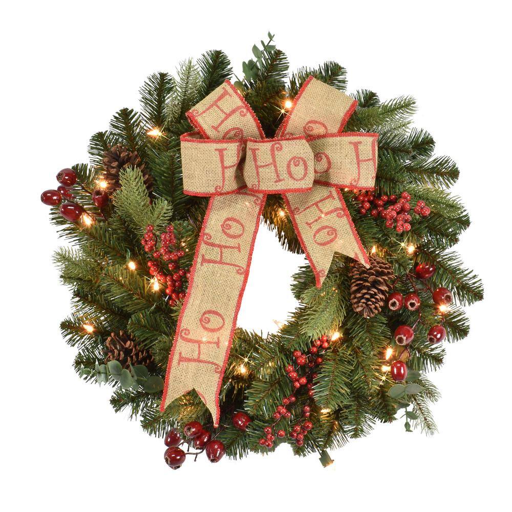 24 in. Green Prelit Artificial Christmas Wreath with Pinecones, Red Berries and Ribbon - Hercitys