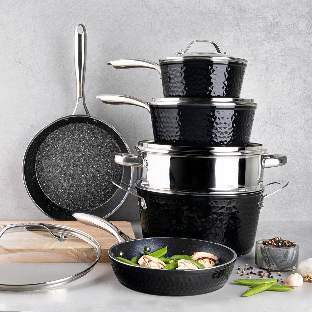 10-Piece Aluminum Hammered Ultra-Durable Non-Stick Diamond Infused Cookware Set in Black - Hercitys