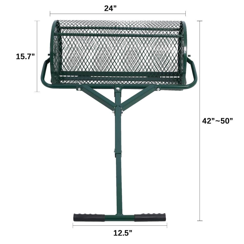 50 lbs. 24 in. W x 15.7 in. Dia Green Metal Handheld Compost Spreader Peat Moss Spreader Mesh Basket Push Spreader - Hercitys