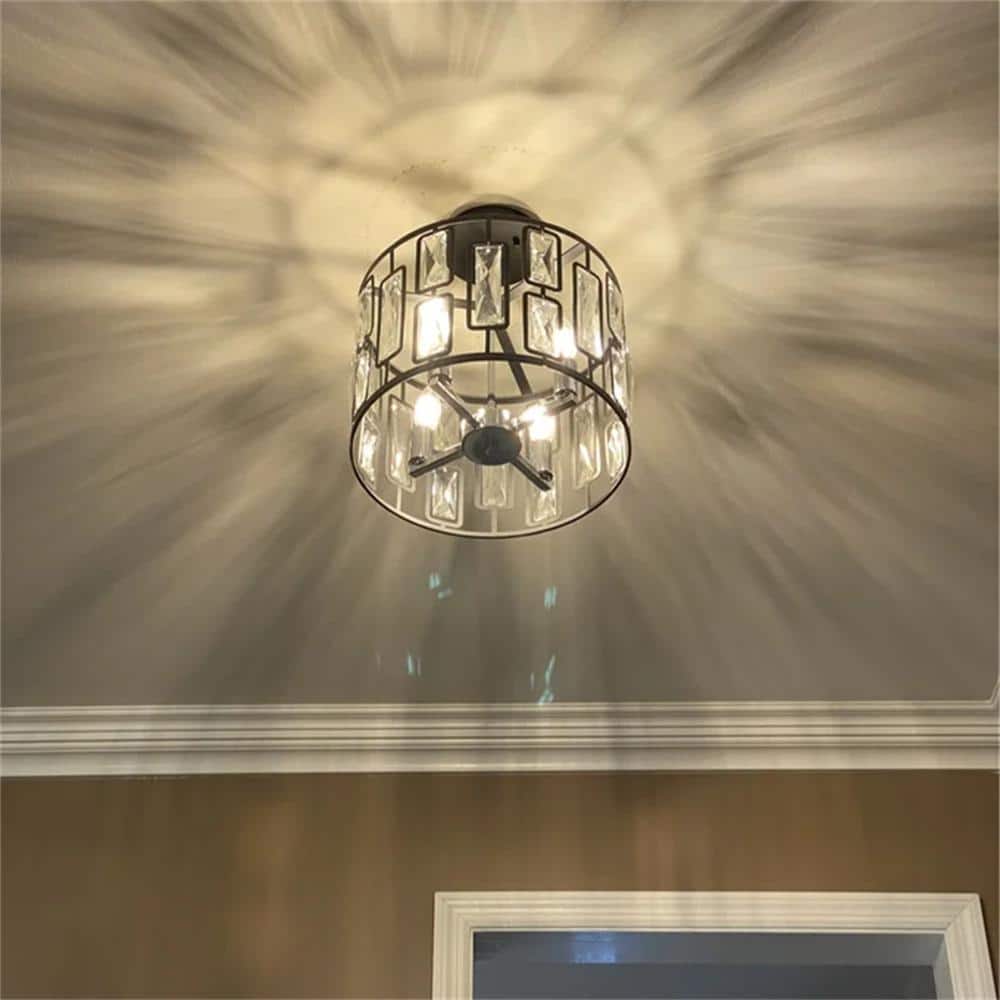 13.5 in. 4-Light Black Semi Flush Mount with Clear Crystals - Hercitys
