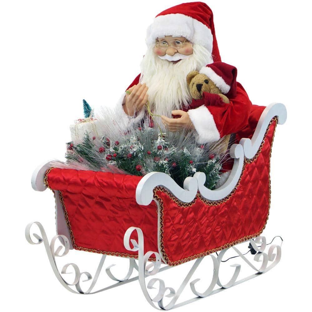28 in. Santa Claus in Sleigh with Teddy Bear, Toy Sack, Music, Lights, Standing Decor, Christmas Animatronics - Hercitys