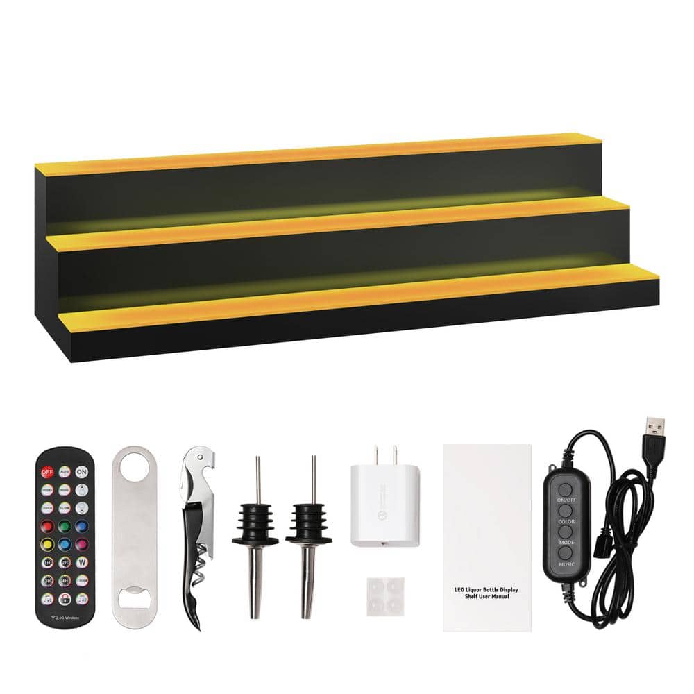 40 in. LED Lighted Liquor Bottle Display, 3-Tier Bar Shelf with RF Remote, App Control and Multicolor Lighting - Hercitys