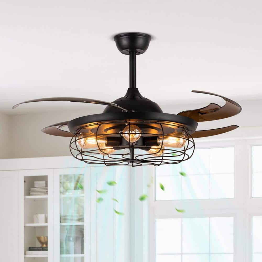 48 in. Indoor Black Ceiling Fan with Lights and Remote Retractable Blades Fandelier - Hercitys