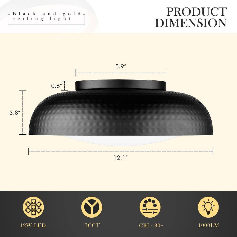 12.1 in. 12-Watt Dimmable 3CCT Adjustable Modern Black Integrated LED Flush Mount with White Acrylic Shade - Hercitys