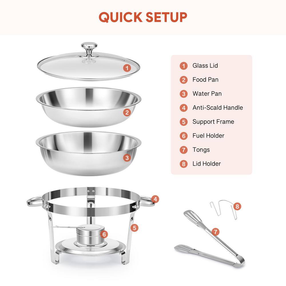 2-Pack 5 qt. Stainless Steel Round Chafing Dishes Buffet Set with Glass Lid Holder - Hercitys