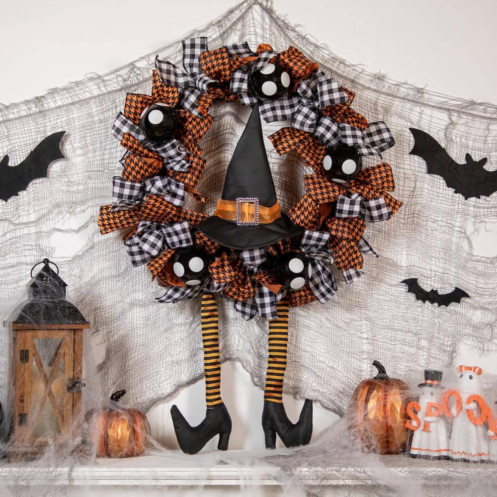 24 in. Orange and Black Witch with Bows Halloween Wreath Unlit - Hercitys