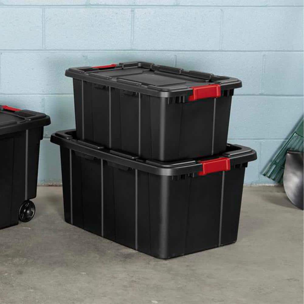 27-Gallon Durable Rugged Industrial Tote w/Red Latches in Black (4 Pack) - Hercitys
