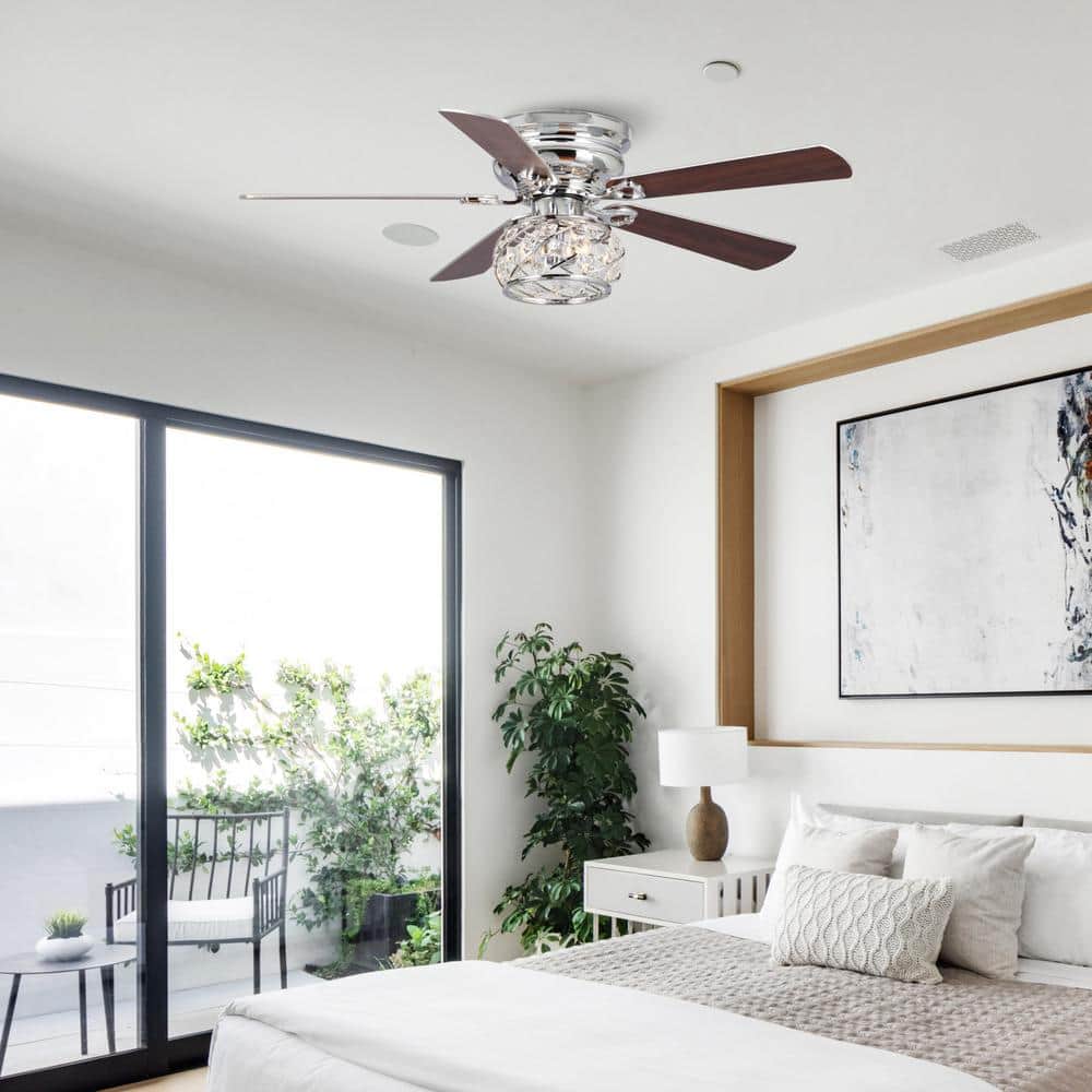 48 in. Indoor Modern Chrome 2-Light Crystal Flush Mount Ceiling Fan with Light Kit and Remote Control - Hercitys