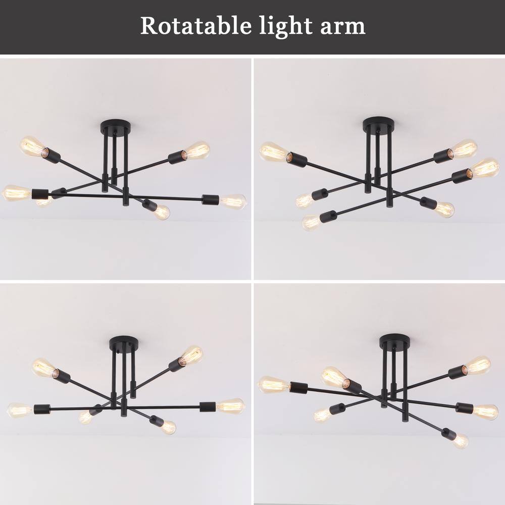 27.56 in. 6-Light Black Sputnik Semi- Flush Mount Ceiling Lights with 360°Rotatable Light Arm - Hercitys