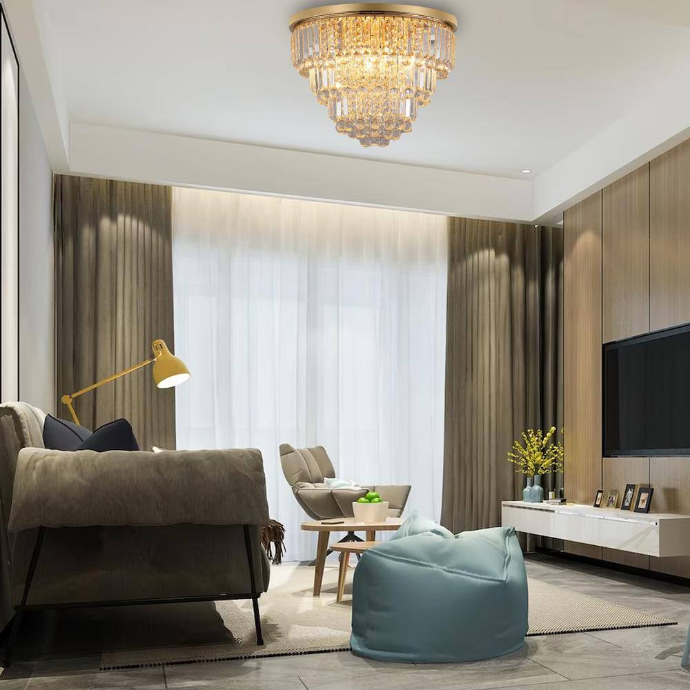 19.70 in. 6-Light Gold Flush Mount with Crystal Shade and No Bulbs Included - Hercitys