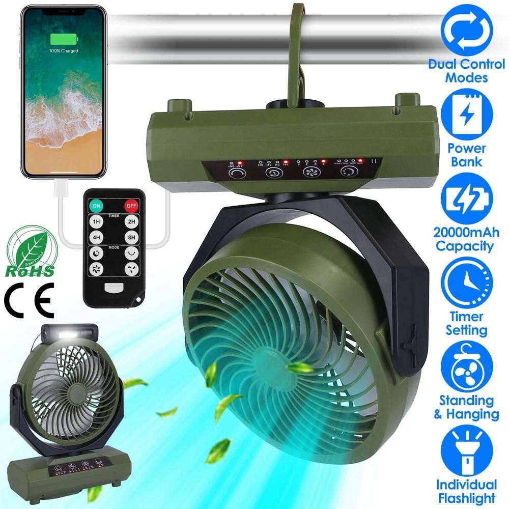 20000mAh 7 in. 4 Fan Speeds Desk Fan in Green with Flashlight Hanging Hook, Remote Control, Power Bank and Timer Speed - Hercitys