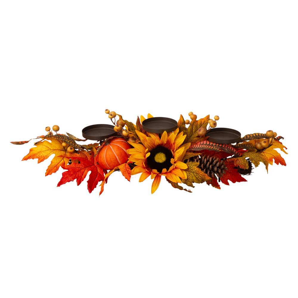 28 in. L Metal Candle Holder Center Piece with Sunflower Floral - Hercitys
