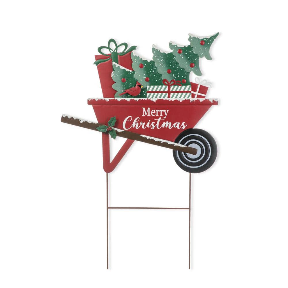 30 in. H Merry Christmas Theme Metal Wagon Yard Stake or Wall Decor - Hercitys