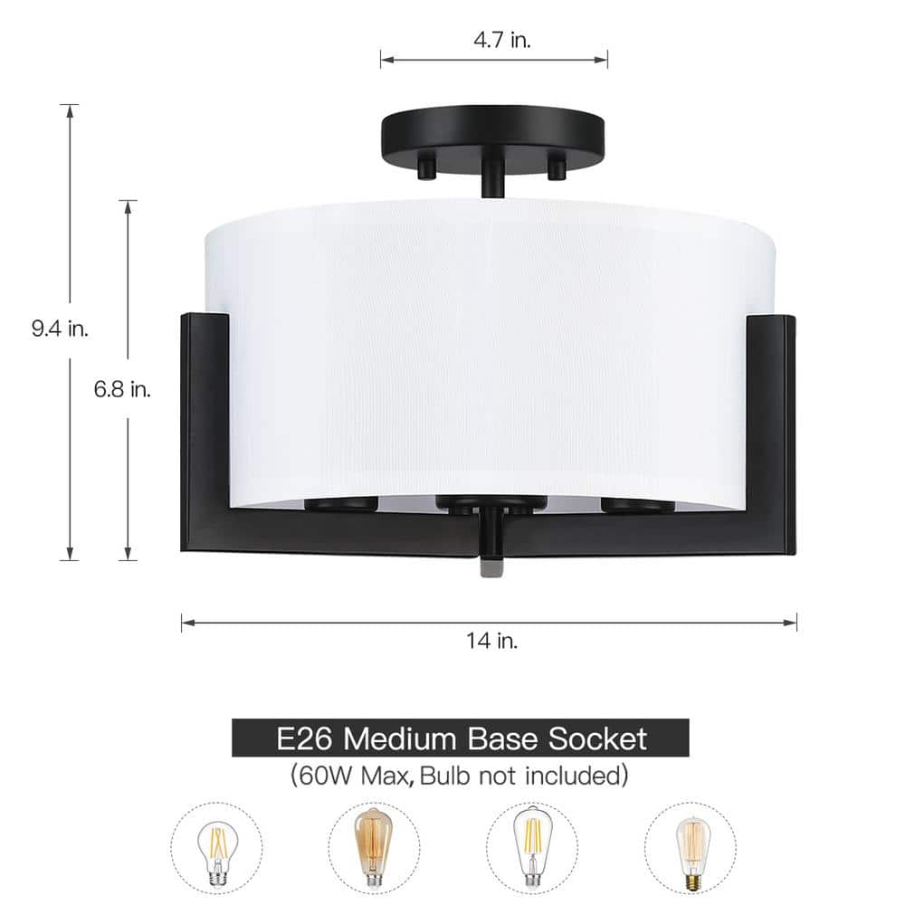14 in. 3-Light Matte Black Semi-Flush Mount Ceiling Light with Drum Shade - Hercitys