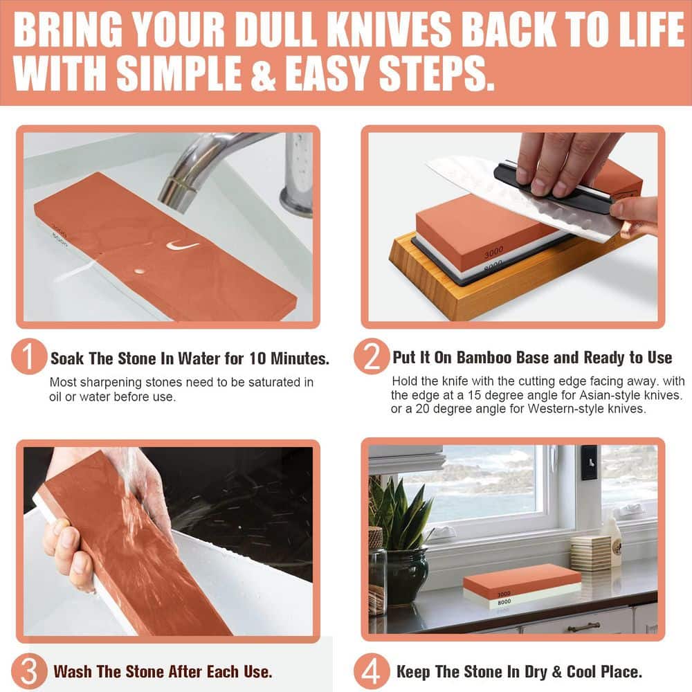 4-Side Emery Grit Whetstone, Knife Sharpening Stone with Non-slip Base, Leather Strop, Flattening Stone and Angle Guide - Hercitys