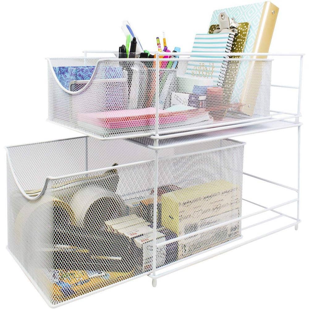 2 Piece Storage Organizer White Metal Mesh Pull-Out Organizer - Hercitys
