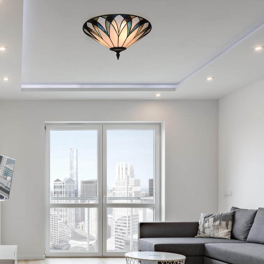 18 in. 3-Light Retro Elegant Stained Glass Flush Mount Ceiling Light - Hercitys