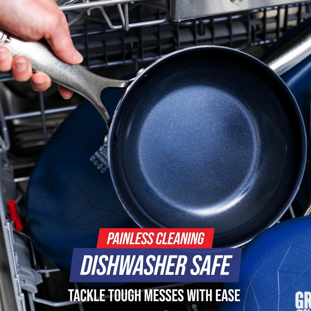 12 in. Aluminum Diamond Infused Toxin-Gree Nonstick Non-Induction Frying Pan Skillet in Blue with Handle and Glass Lid - Hercitys