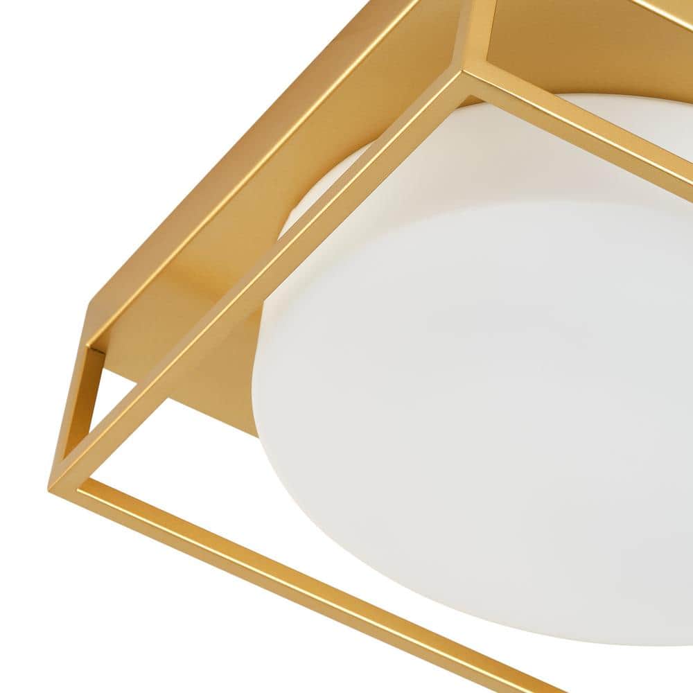 13 in. 2-Light Industrial Gold Flush Mount Farmhouse Close to Ceiling Light Fixture with White Glass Shade - Hercitys