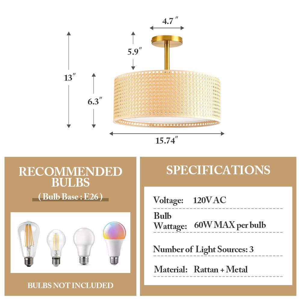 15.7 in. 3-Light Copper Rattan Semi-Flush Mount Ceiling Light - Hercitys