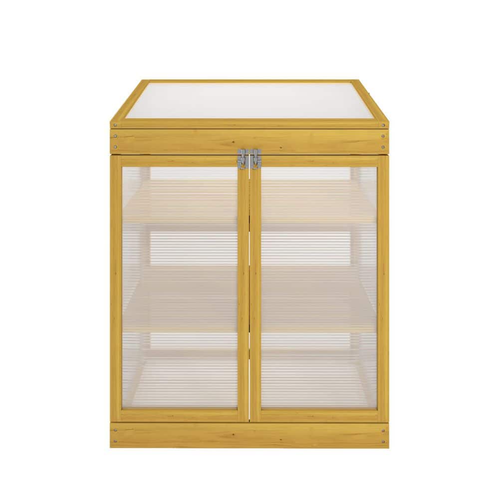 29.53 in. W x 20.47 in. D x 37.8 in. H Brown Wooden Frame Greenhouse, Polycarbonate Garden Greenhouse Cabinet 2-Tier - Hercitys