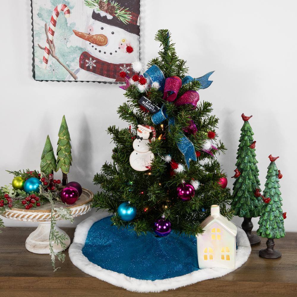 20 in. Blue Glittered Mini Christmas Tree Skirt with Faux Fur Trim - Hercitys