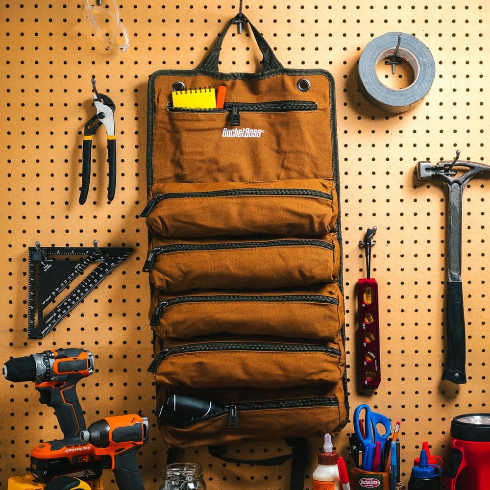 27 in. Super Tool Roll with 6 Zippered Pockets in Brown - Hercitys