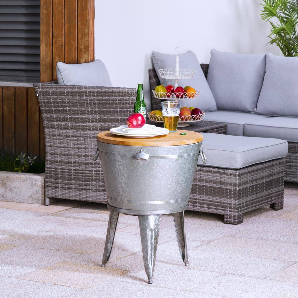 26.29 in. H Gray Galvanized Beverage Tub with Metal Stand or Accent Table with Firwood Lid - Hercitys
