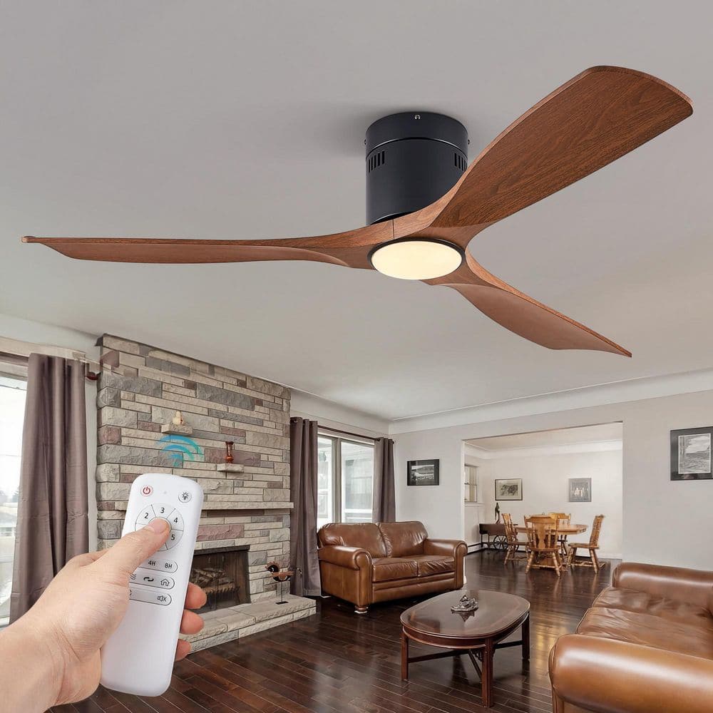 52 in. LED Indoor/Outdoor Flush Mount Walnut and Matte Black Ceiling Fan with Light Kit and Remote Control - Hercitys