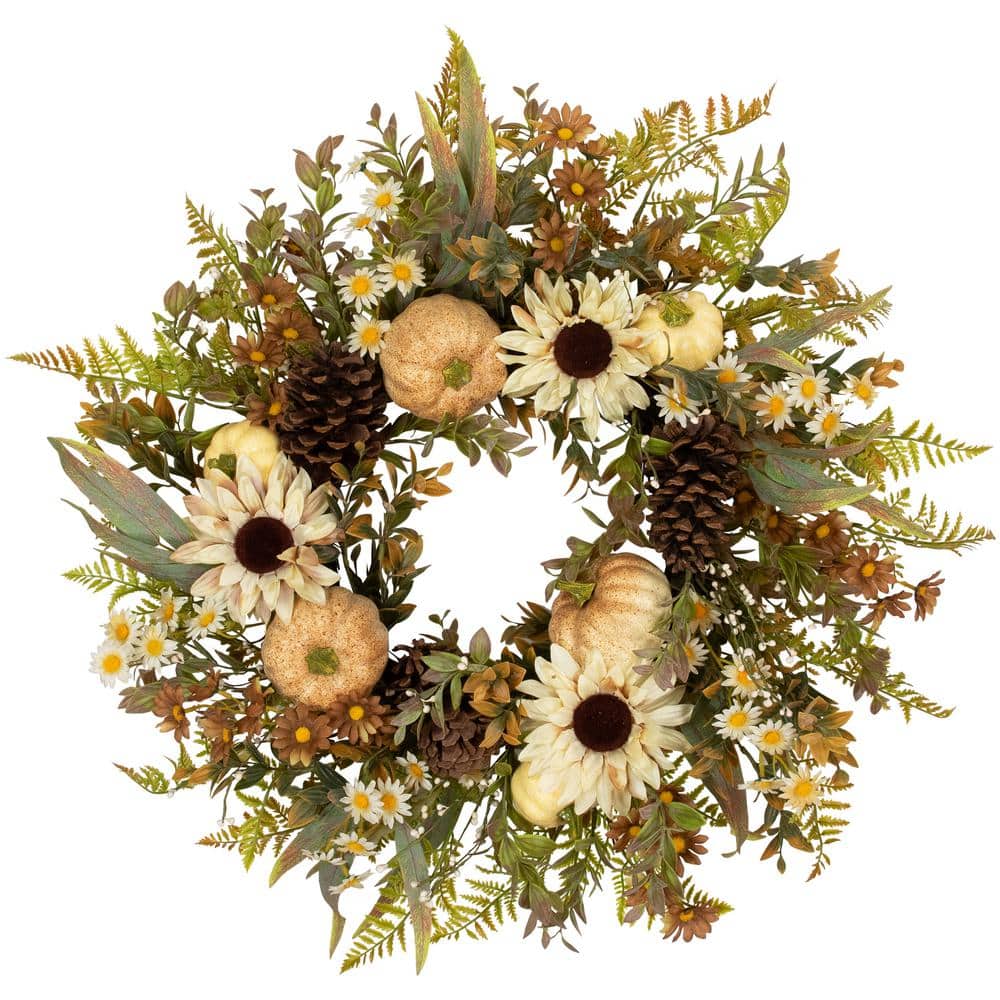 28 in. Unlit Sunflowers and Pumpkins Artificial Fall Harvest Wreath - Hercitys