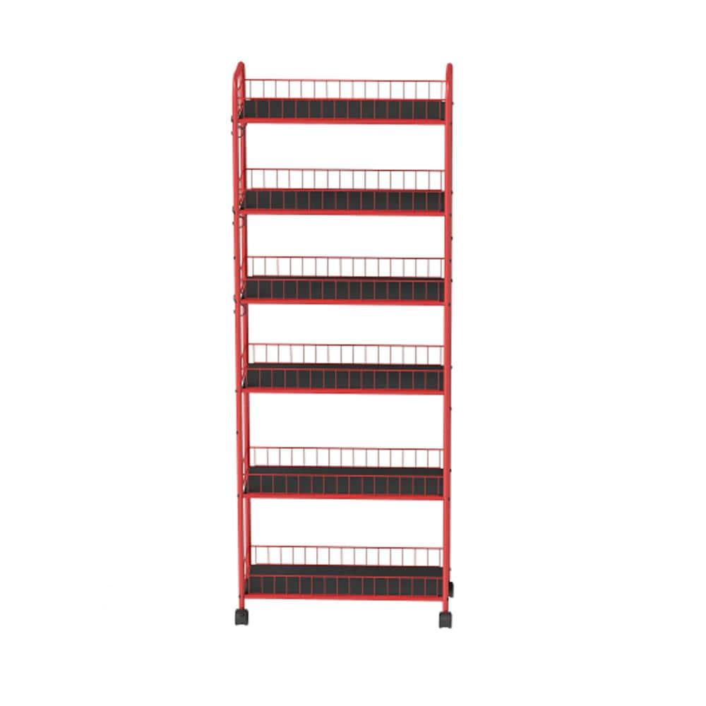 10 in. W 6-Shelf Red Metal Kitchen Car with Wheels - Hercitys