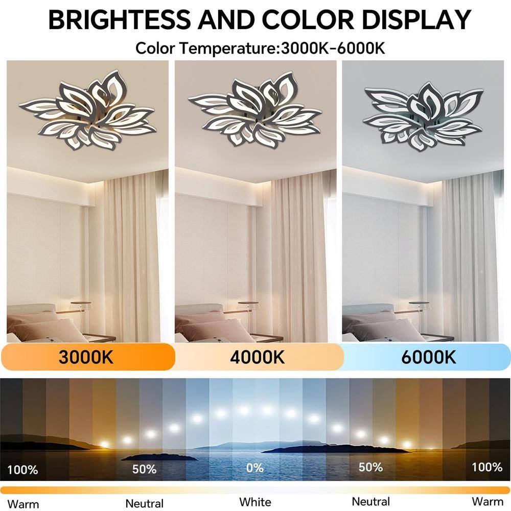27.5 in. 1-Light Black and White Modern Selectable LED Flower-Shaped 8 Head Semi-Flush Mount Ceiling Light with Remote - Hercitys