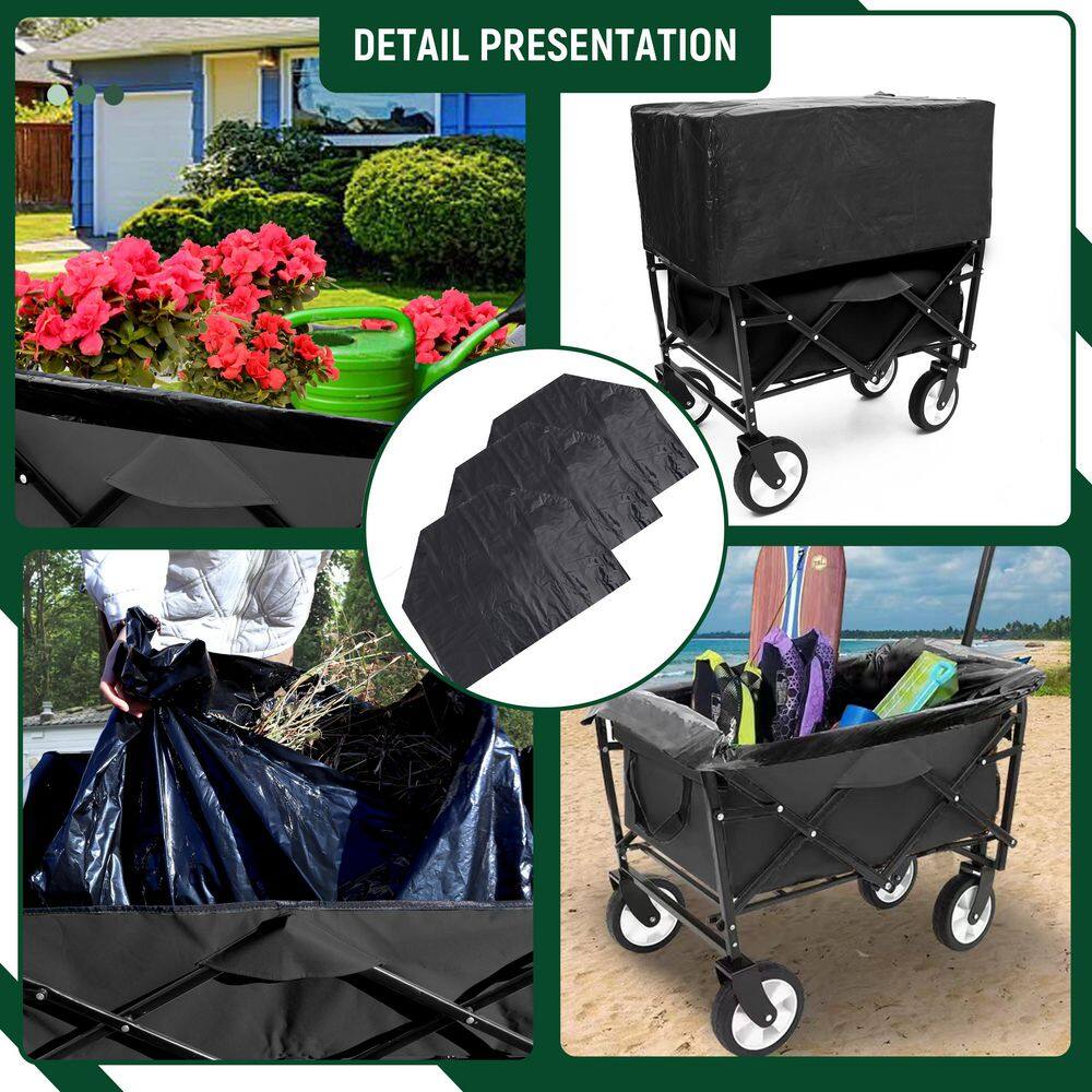 17 cu. ft. 360 lbs. Capacity Fabric Steel Frame Collapsible Folding Garden Cart Wagon with 3 Plastic Liner Bags, Black - Hercitys