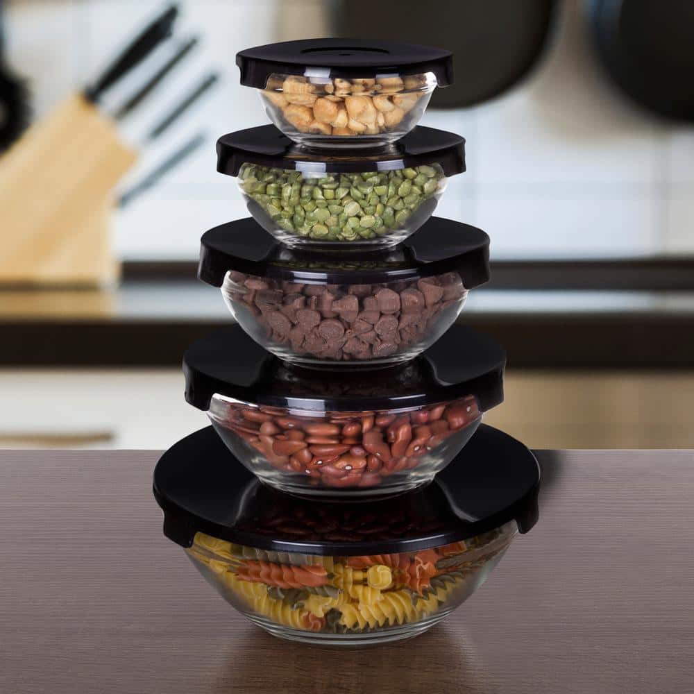 10-Piece Glass Bowl Set with Black Lids - Hercitys