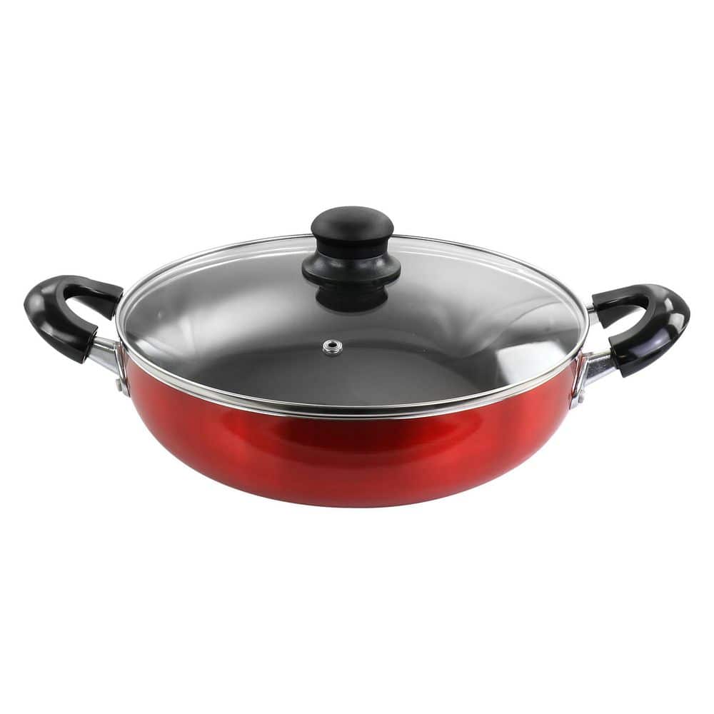 10 in. Aluminum Deep Frying Pan with Glass Lid in Red - Hercitys