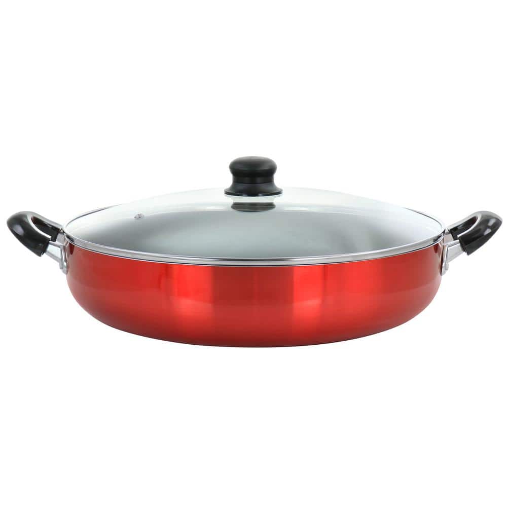 16 in. Red Aluminum Deep Fryer Frying Pan with Glass Lid - Hercitys