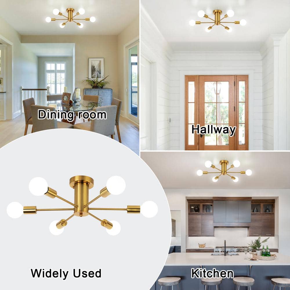 21.84 in. 6-Light Gold Sputnik Transitional Flush Mount Ceiling Lights - Hercitys