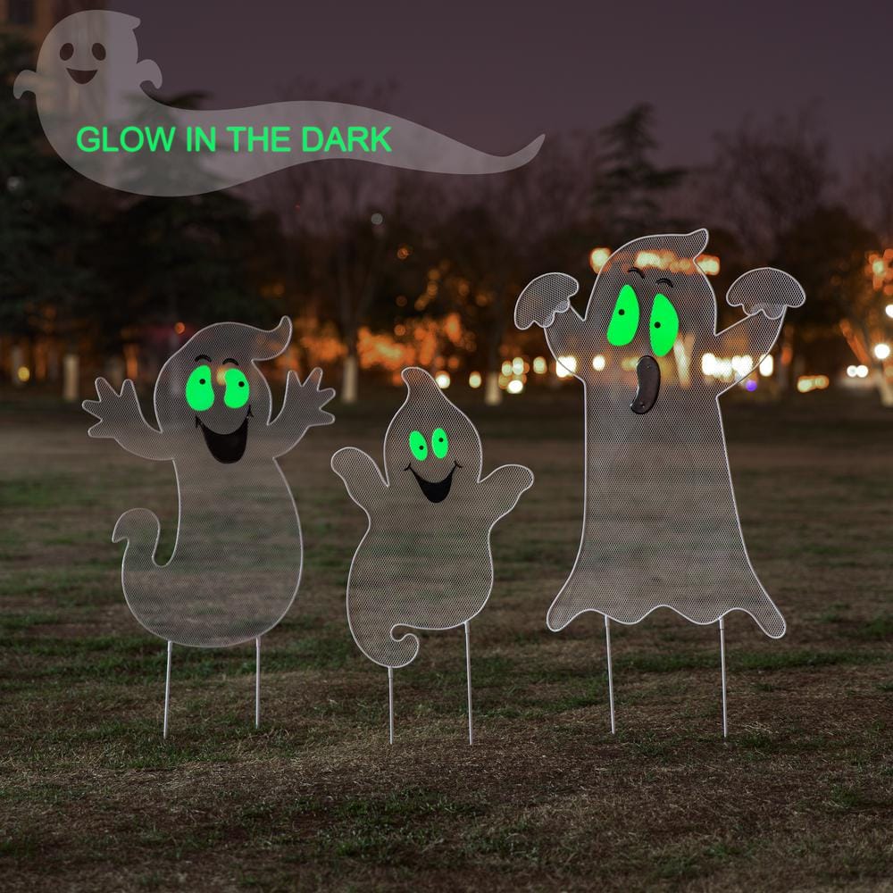 40 in. H Halloween Metal Mesh Glow in Dark Ghost Family Yard Stake (Set of 3) - Hercitys