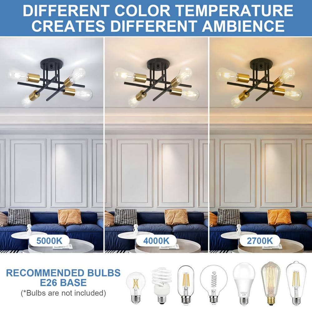 14 in. 4-Light Modern Sputnik Linear Black Metal Industrial Farmhouse Semi- Flush Mount Ceiling Lights Chandelier Light - Hercitys