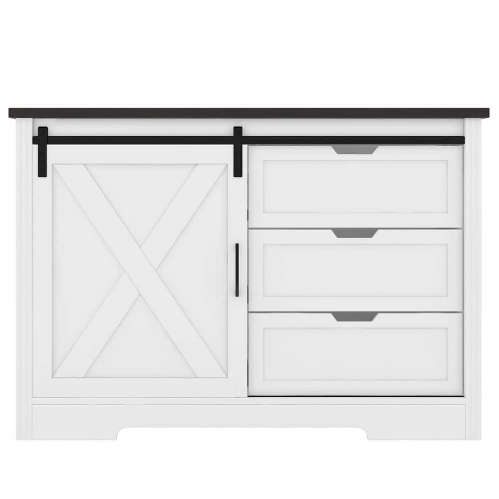 47.2 in. W x 15.7 in. D x 31.8 in. H White Pantry Cabinet With 3 Drawers and Sliding Doors with Black Top - Hercitys