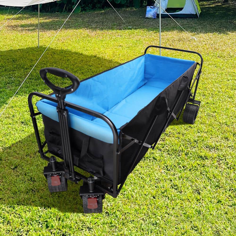 25 cu. ft Metal Extra Long Extender Wagon Garden Cart Folding Wagon Garden Shopping Beach Cart in Blue - Hercitys