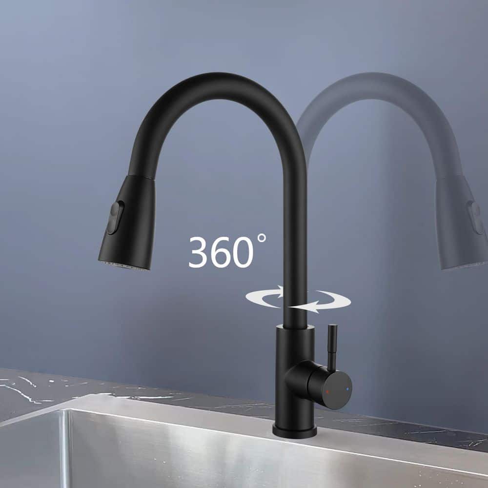 15.67 in Single Handle 360° Spout Swivel Pull Out Sprayer Kitchen Faucet in Stainless Steel in Matte Black - Hercitys