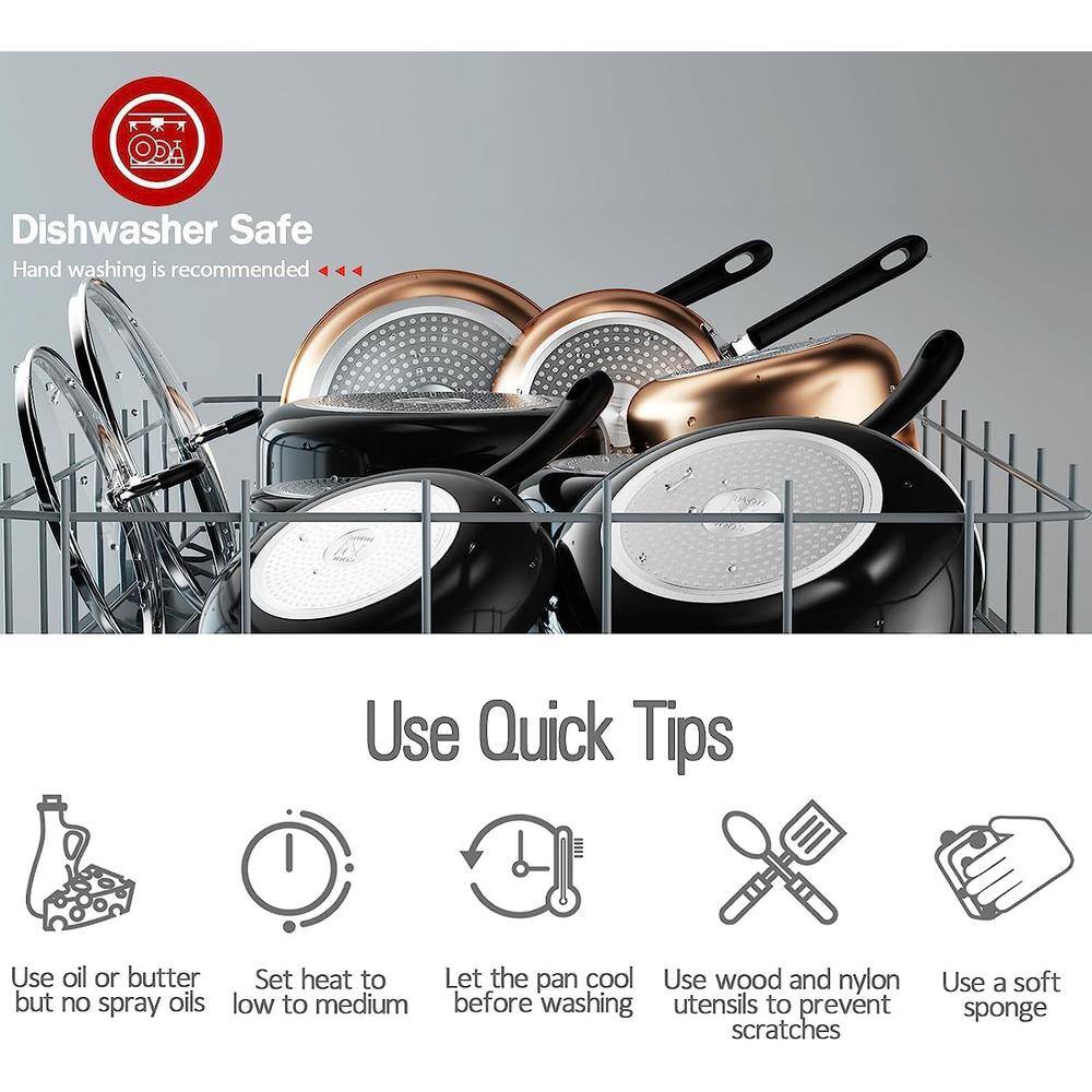 3-Pieces Frying Saute Pan Set with Non-stick Coating and Induction Compatible Bottom, 8 in. /10 in. /12 in. , Black - Hercitys