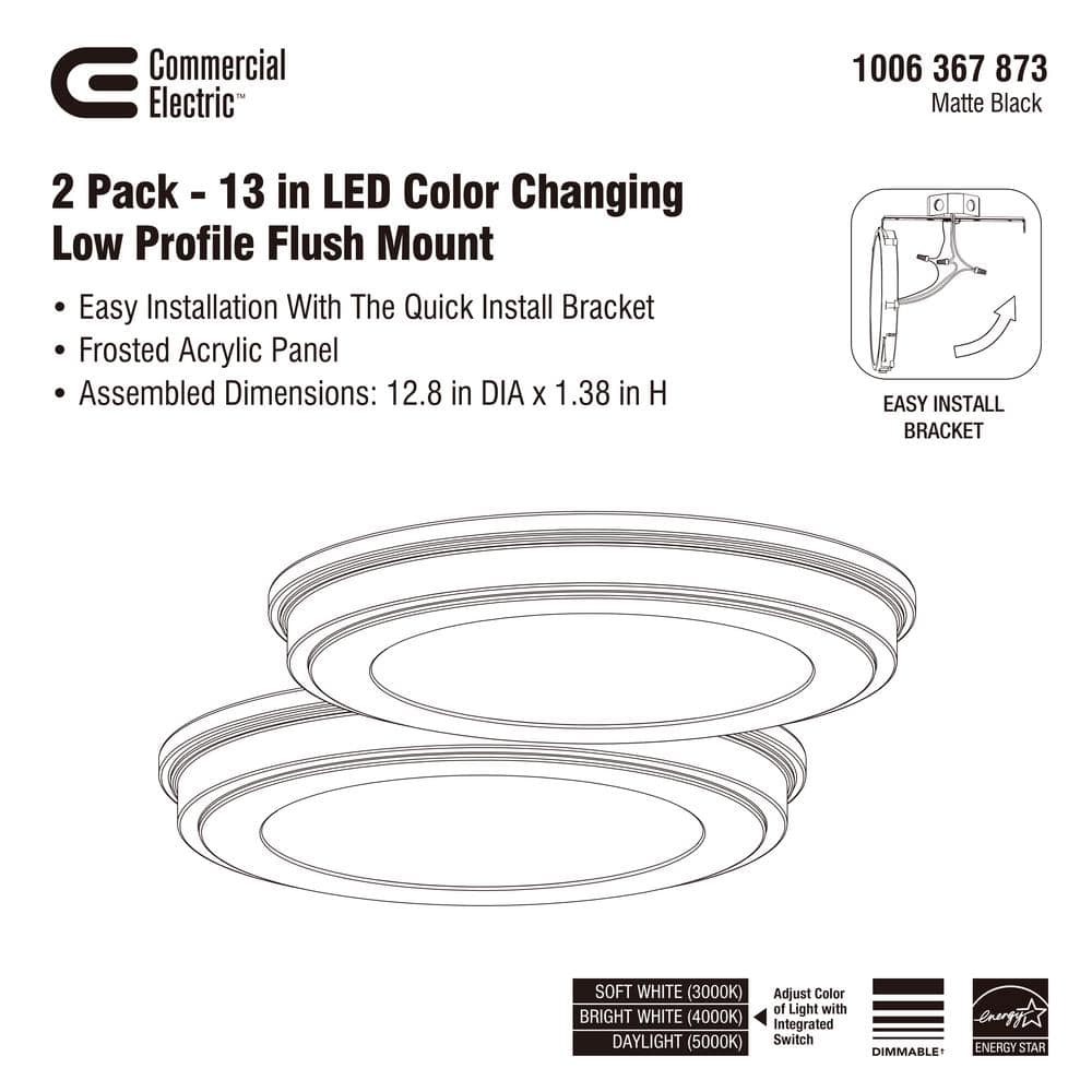 13 in. Matte Black 3-CCT LED Round Flush Mount, Low Profile Ceiling Light (2-Pack) - Hercitys