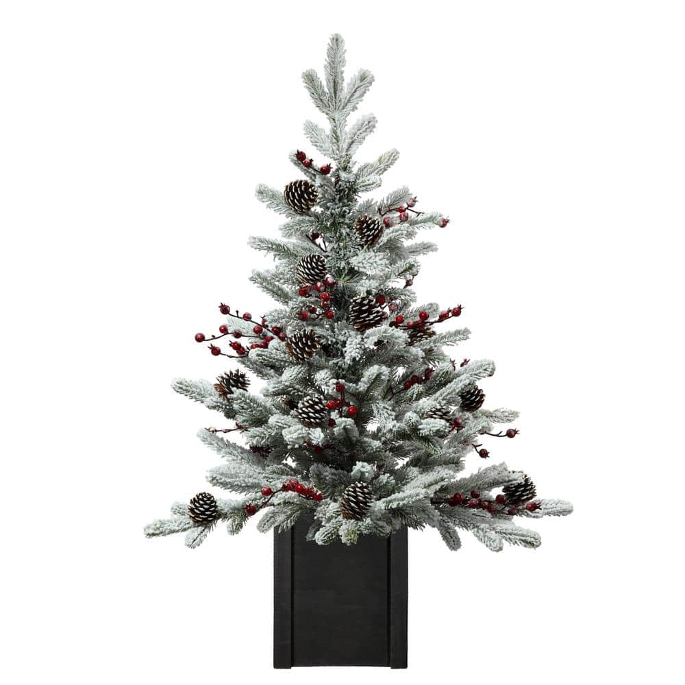 3 ft. Unlit Flocked Stockhorn Artificial Christmas Tree with Black Wooden Pot - Hercitys