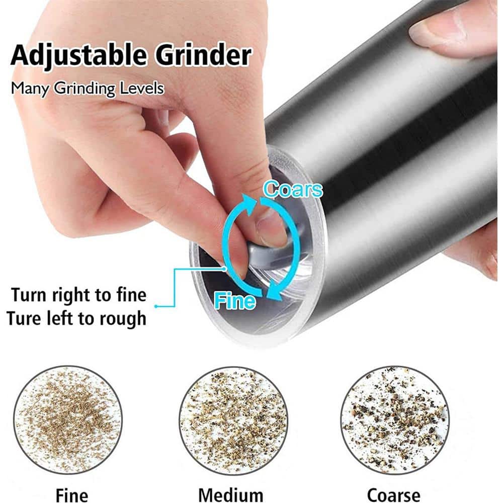 2-Pack Stainless Steel Black Gravity Electric Automatic Pepper and Salt Grinder Set; Battery Powered with LED Light - Hercitys