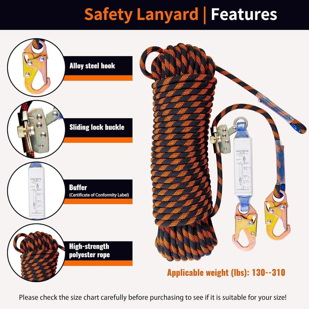 100 ft. Vertical Rope Harness Safety Lanyard with Grab Snap Hooks Shock Absorber Retractable Lifeline Heavy Duty - Hercitys